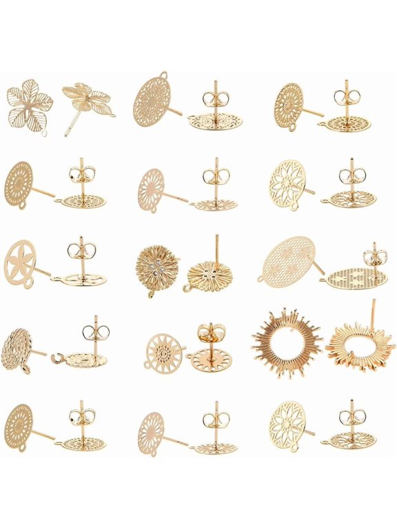 1 Box 20Pcs 10 Styles Flat Round Stud Earring Findings 18K Hollow Gold Plated Flower Stud Earrings with Hole Ear Nuts Backs for DIY Women Adults DIY Jewelry Earring Making