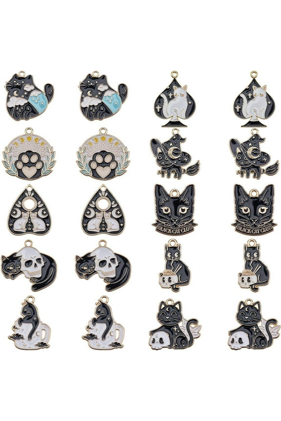 1 Box 20Pcs 10 Styles Gothic Cat Charms Black Kitty Charm Bulk Alloy Enamel Goth Pet Animal Cats Head Ouijas Magic Skull Tarot Halloween Charms for Jewelry Making Charm Necklace DIY Supply