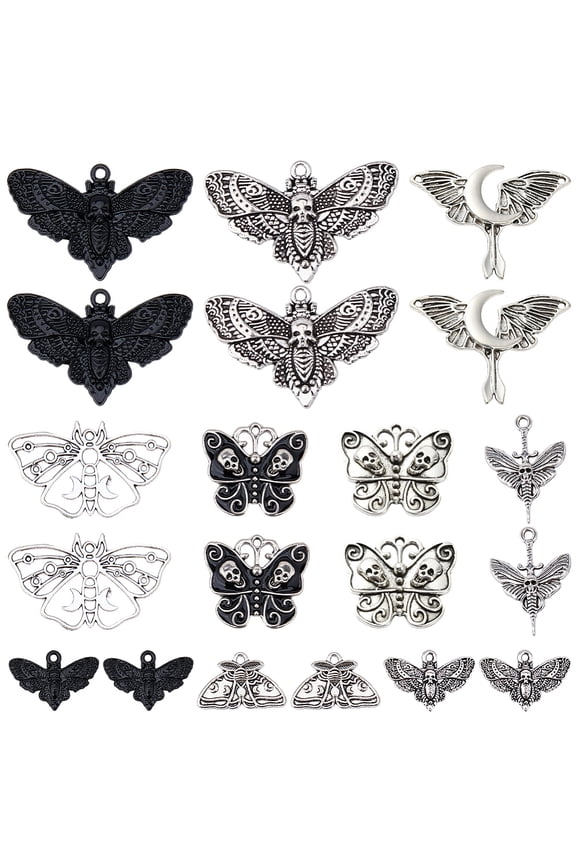 1 Box 20Pcs 10 Styles Gothic Moth Charms Charms Bulk Metal Silver Black Moon Butterfly Moths Pendants