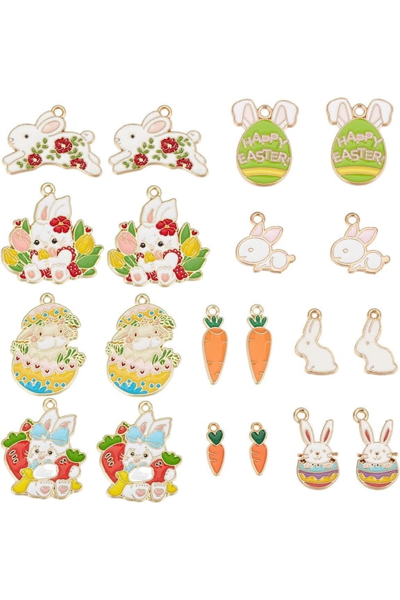 1 Box 20Pcs 10 Styles Rabbit Charms Easter Charm Bulk Golden Metal Alloy Enamel Animal Bunny Rabbits Egg Carrot Dangle Charm for Jewelry Making Charms Bracelet Earring