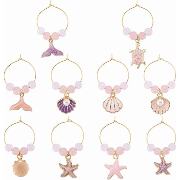 1 Box 20Pcs 10 Styles Sea Wine Charms Beaded Wine Glass Charms Enamel Pink Beads Summer Ocean Animals Turtle Starfish Identifier Drinks Tags for Wedding Gift Party Favor Decor Supplies Colorful