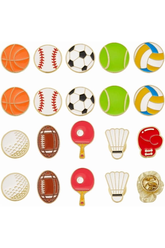 1 Box 20Pcs 10 Styles Sports Brooch Pins Sport Ball Pin Gold Metal Alloy Enamel Table Tennis Volleyball Basketball Football Rugby Golf Brooches for Backpacks Bags Clothing Decor Accessories