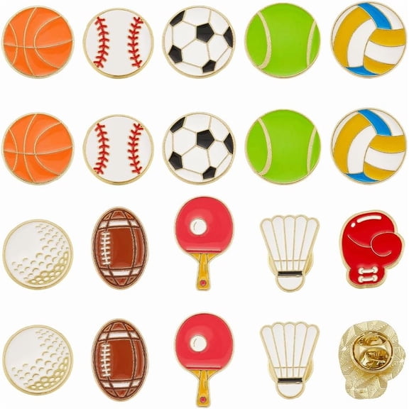 1 Box 20Pcs 10 Styles Sports Brooch Pins Sport Ball Pin Gold Metal Alloy Enamel Table Tennis Volleyball Basketball Football Rugby Golf Brooches