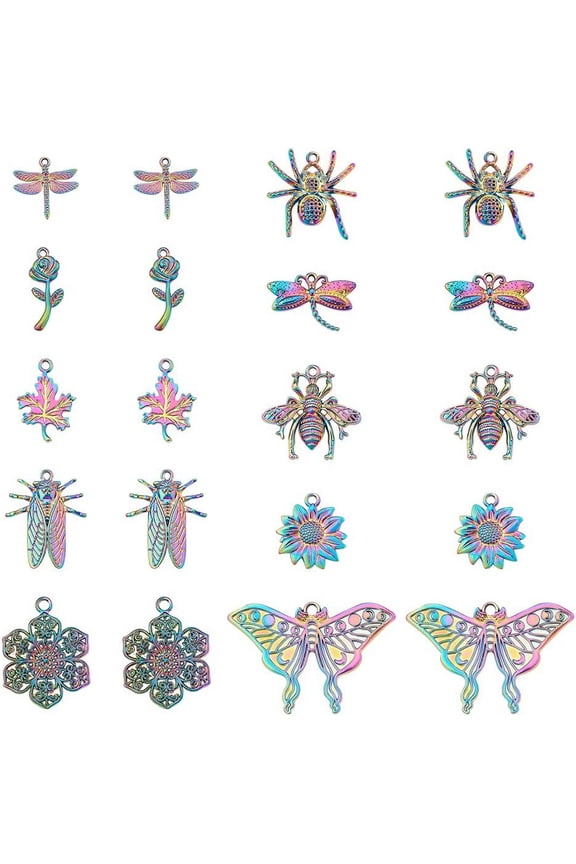 1 Box 20Pcs 10Style Rainbow Color Charms Insects Charms Bees Cicada Spider Butterfly Dragonfly Alloy Charms Pendants for Jewelry Necklace Bracelet Earring Making