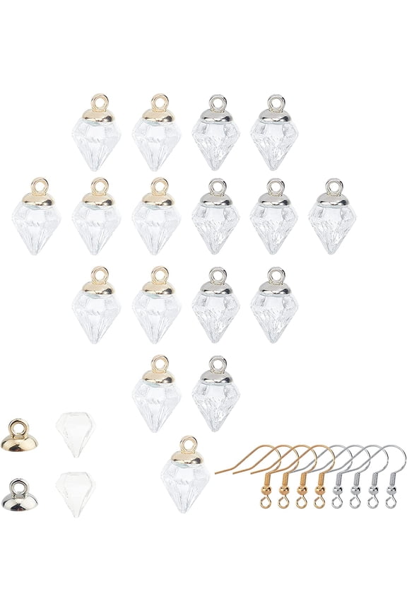 1 Box 20Pcs 15mm Mini Empty Clear Glass Bottle Earring Wish Diamond Ball 20pcs Bail Cap and Earring Hooks for Women DIY Pendant Charms Stud Earring Making Silver Golden diy
