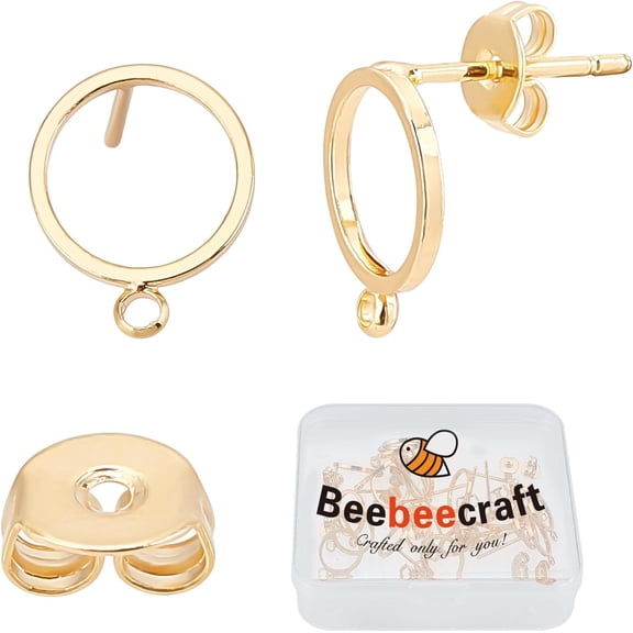 1 Box 20Pcs 18K Gold Plated Stud Earrings with Loop Simple Circle Geometry Earring Posts with 20Pcs Butterfly Ear Back for Valentine's Day Jewelry Making Golden