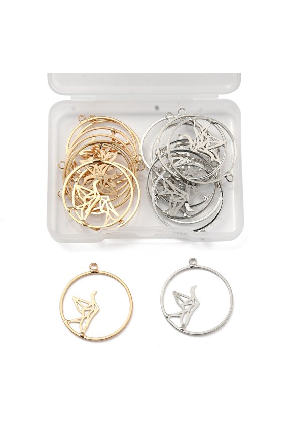 1 Box 20Pcs 2 Colors Alloy Hollow Pendants Ring with Paper Crane Platinum & Light Gold 28x25x1mm Hole: 1.8mm 10pcs/color