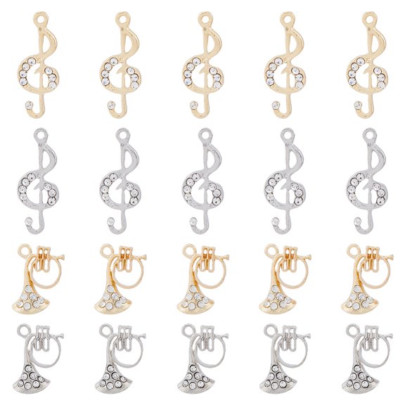 1 Box 20Pcs 4 Style Rack Plating Alloy Rhinestone Pendants Musical Note & Instruments Charms Platinum 18.5~28x11~12.5x3~4mm Hole: 1.5~2mm