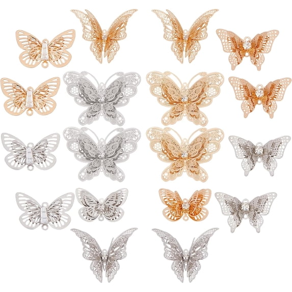 1 Box 20Pcs 5 Style Butterfly Connectors Charms Hollow Butterfly Charm Butterflies Finding with Rhinestone for DIY Earrings Necklace Making Accessories Sliver Gold for DIY