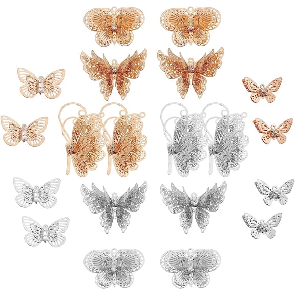 1 Box 20Pcs 5 Styles 3D Butterfly Rhinestone Filigree Butterfly Charms with Rhinestones Hollow Pendants Charms Finding
