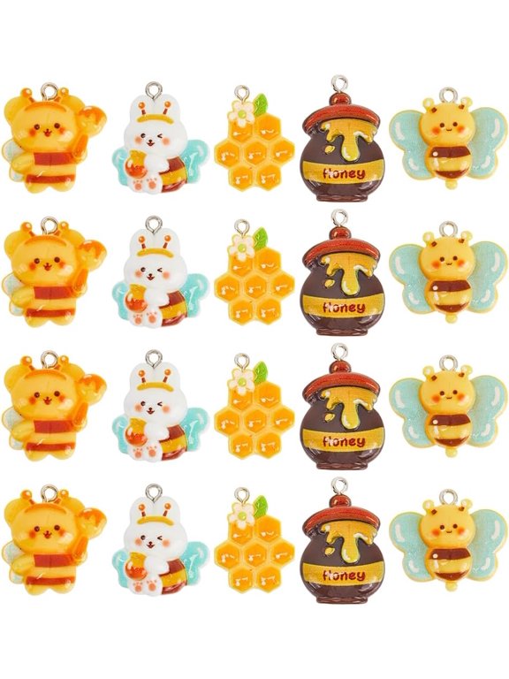 1 Box 20Pcs 5 Styles Bee Themed Charm Bees Resin Charms Bulk Cartoon Animal Yellow Honeycomb Beehive Honey Pot Dangle Charm for Jewelry Making Charms Earrings Necklace DIY Crafts Supplies Mixed Color