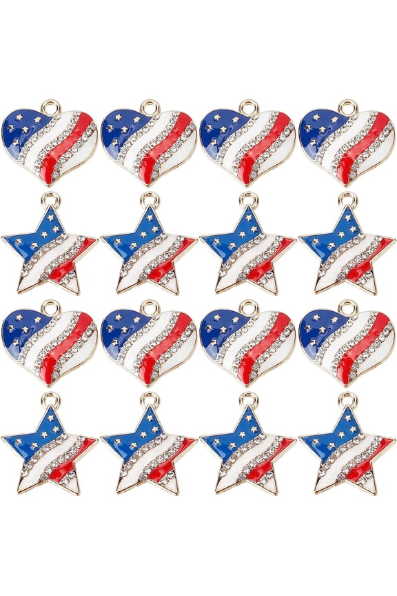 1 Box 20Pcs America Flag Charms USA Charms Patriotic Independence Day Charm 4th of July Rhinestone Love Heart Star Charms