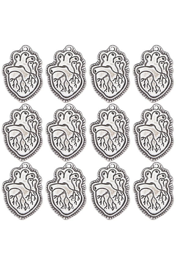 1 Box 20Pcs Anatomical Heart Charm Silver Hearts Charms Bulk Alloy Gothic Style Pendants Anatomy Human Organ Halloween Charms for Jewelry Making
