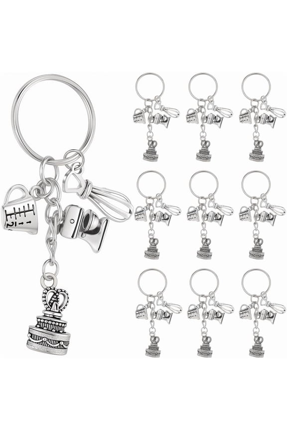 1 Box 20Pcs Baking Key Chain Cake Keychain Bulk Silver Metal Alloy Dessert Cooking Kitchen Cutlery Baker Tool Utensils Decorations Charm Keyring