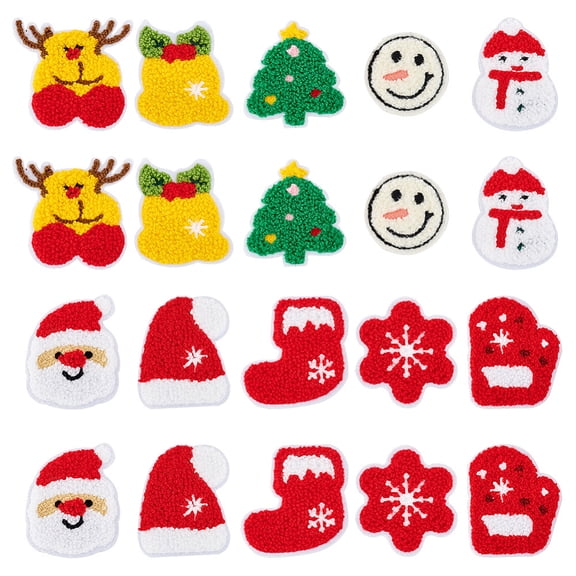 1 Box 20Pcs Christmas Theme Towel Embroidery Cloth Sew on Patches Costume Accessories Bell/Tree/Snowman Mixed Color 45~64x45~66x3~4mm 2pcs/style DIY