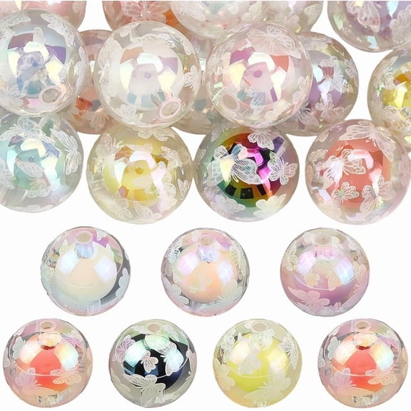 1 Box 20Pcs Clear Iridescent Beads Printed Acrylic Beads Bulk 1.6cm Round Butterfly Pattern Beadable Pens Loose Spacers