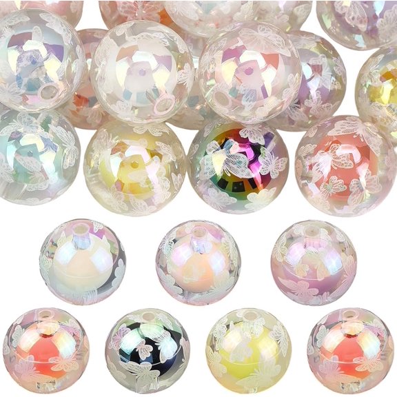 1 Box 20Pcs Clear Iridescent Beads Printed Acrylic Beads Bulk 1.6cm Round Butterfly Pattern Beadable Pens Loose Spacers