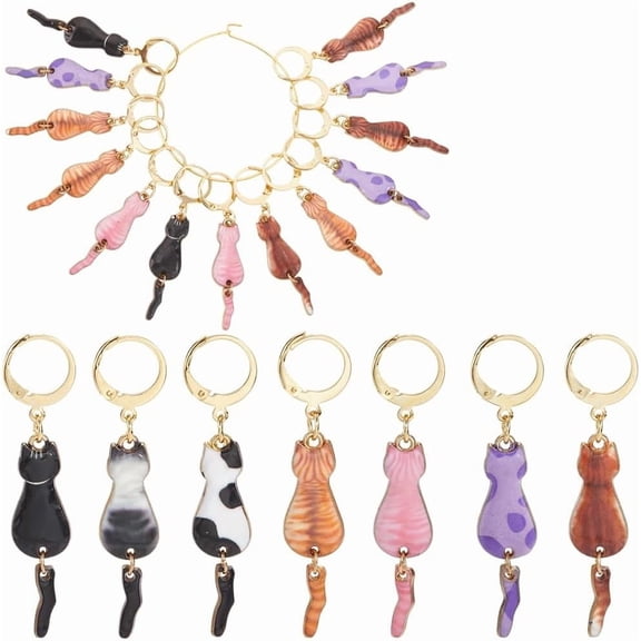 1 Box 20Pcs Crochet Cat Charm Leverback Stitch Markers Gold Metal Alloy Enamel Random Mix Styles Animal Pets Back Locking Crochet Charm for Weaving Quilting Jewelry DIY Crafts Accessories