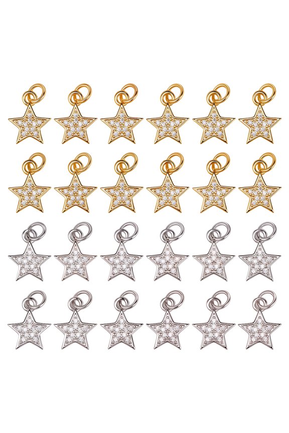 1 Box 20Pcs Cubic Zirconia Star Charms Gold Stars Charms Bulk Silver Five-Pointed Micro Pave Clear Pendants with Jump Rings