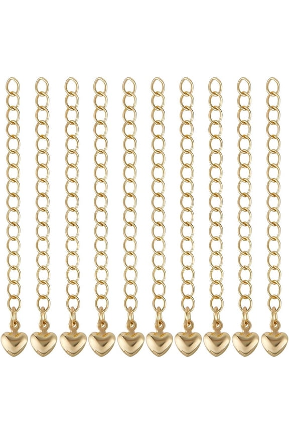 1 Box 20Pcs Extension Chain 18K Gold Plated Brass 55.5mm Curb Chain Extenders End Chains with Heart for Necklace Bracelet Jewelry Making Gold DIY