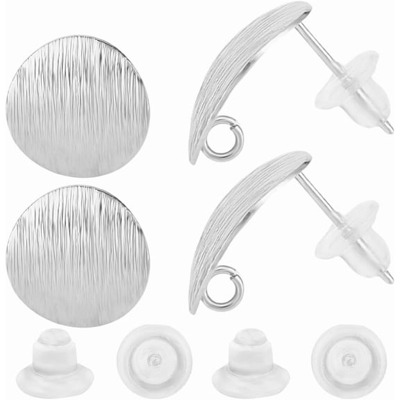 1 Box 20Pcs Flat Round Earring Posts Platinum Plated Brass Silver Circle Disc Earring Posts Loop and Clear Backs