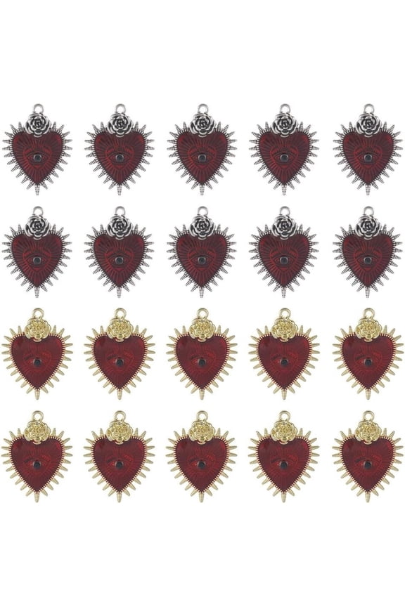 1 Box 20Pcs Gothic Heart Charms Charm Bulk Red Love Thorns Evil Eyes Enamel Charm with Rhinestones DIY