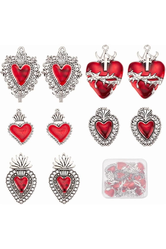 1 Box 20Pcs Heart Charms Gothic Style Sacred Heart Charms Bulk Antique Silver Red Heart Thistles Thorns Fancy Enamel Charm