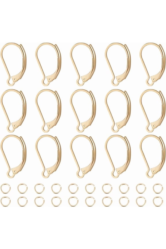 1 Box 20Pcs Leverback Earring Findings 24K Gold Plated Brass Clasp Earring Hooks 16.5x10mm Ear Wire Clip Earring Connector with 20Pcs Open Jump Rings