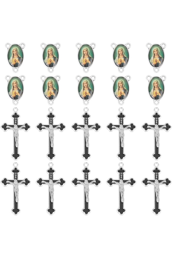 1 Box 20Pcs Medal Charms Enamel Rosary Cross Charms Links Antique Silver Alloy Black Tibetan Easter Vintage Crucifix Charm for Jewelry Making Charms Diy Crafts Bracelet Women