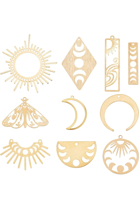 1 Box 20Pcs Moon Charms Moon Phase Charm Sun Brass Crescent Butterfly Charm Rectangle Double Sided Charm Necklace Earrings DIY Craft Adult Women Raw(Unplated)