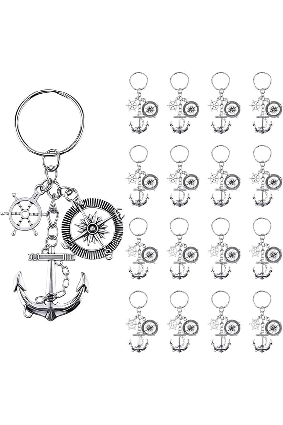 1 Box 20Pcs Nautical Keychain Bulk Anchor Keychains Bulk Silver Alloy Ocean Themed Ship Wheel Keychain