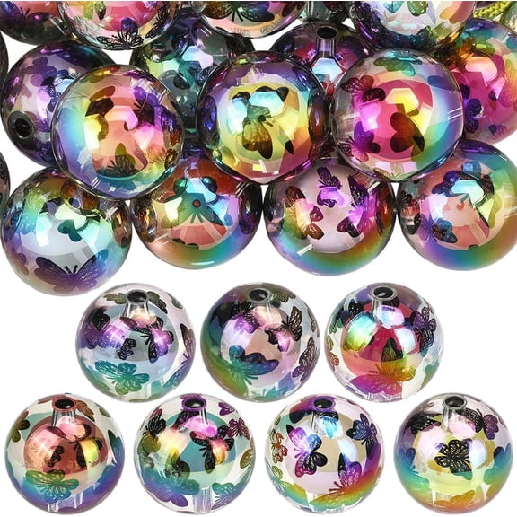 1 Box 20Pcs Printed Acrylic Beads Iridescent Round Beads Bulk 1.6cm Black Butterfly Pattern Beadable Pens Loose Spacers