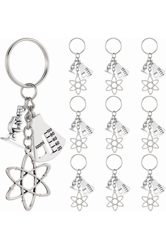 1 Box 20Pcs Science Symbol Keychain Atom Key Chain Bulk Silver Metal Alloy Biology Chemistry Scientist Bottle Microscope Decorations Charm Keyring for DIY Teacher Student School Accessories
