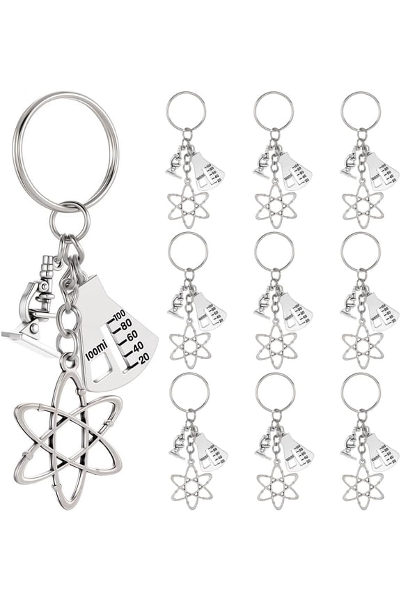1 Box 20Pcs Science Symbol Keychain Atom Key Chain Bulk Silver Metal Alloy Biology Chemistry Scientist Bottle Microscope Decorations Charm Keyring for DIY Teacher Student School Accessories