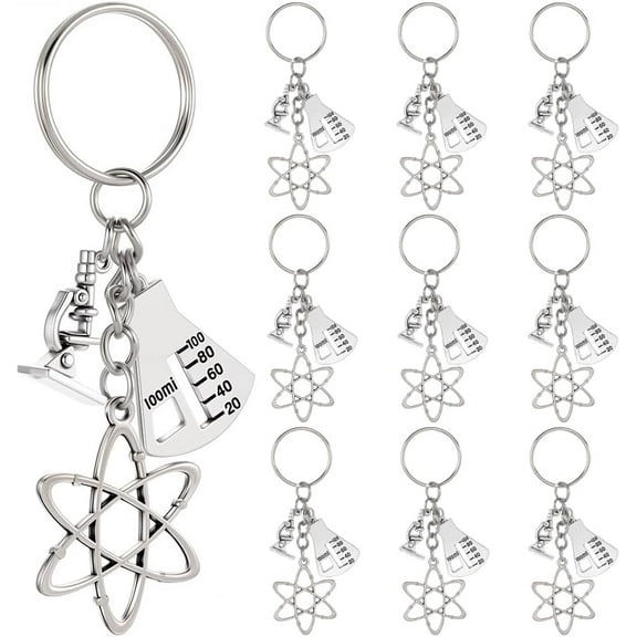 1 Box 20Pcs Science Symbol Keychain Atom Key Chain Bulk Silver Metal Alloy Biology Chemistry Scientist Bottle Microscope Decorations Charm Keyring for DIY Teacher Student School Accessories
