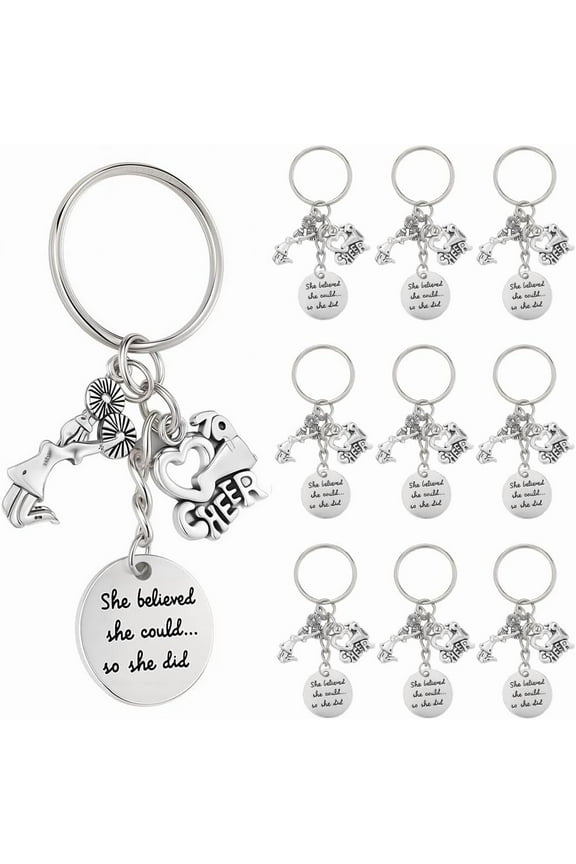 1 Box 20Pcs Silver Cheer Keychains Inspire Key Chain Bulk Metal Alloy Cheerleader Stuff Team Pom Pom Decoration Charm Keyring for Cheerleading Jewelry DIY Craft Keepsake Accessories
