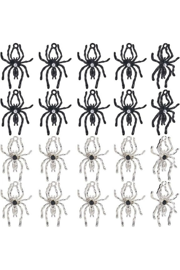1 Box 20Pcs Silver Spider Charm Black Spiders Charms Bulk Alloy Metal Gothic Insect Halloween Holiday Charm Charms Supplies DIY Crafting Necklaces Bracelets Earrings Women