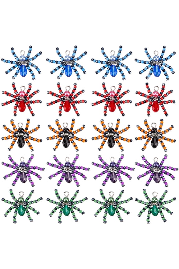 1 Box 20Pcs Spider Charms Colorful Glass Charm Bulk Assorted Red Green Blue Animal Spiders Gemstone Beaded Seed Beads Charm for Jewelry Making Charms Supplies DIY Crafts DIY
