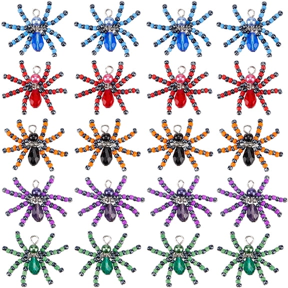 1 Box 20Pcs Spider Charms Colorful Glass Charm Bulk Assorted Red Green Blue Animal Spiders Gemstone Beaded Seed Beads Charm