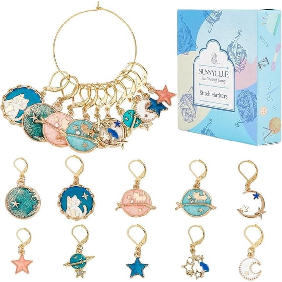 1 Box 20Pcs Stitch Markers Crochet Stitch Marker Cute Planet Moon Star Enamel Charms Clip On Removable Lobster Clasp Zipper Pull Charm Locking Knitting Markers for Weaving Sewing Quilting