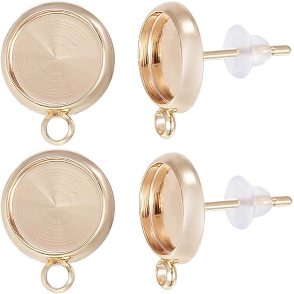 1 Box 20Pcs Stud Earring Bezel Blanks 18K Gold Plated Flat Round Cabochon Setting Post Cup Stud Findings with Loop and 20Pcs Ear Nuts for Earring Jewelry Making