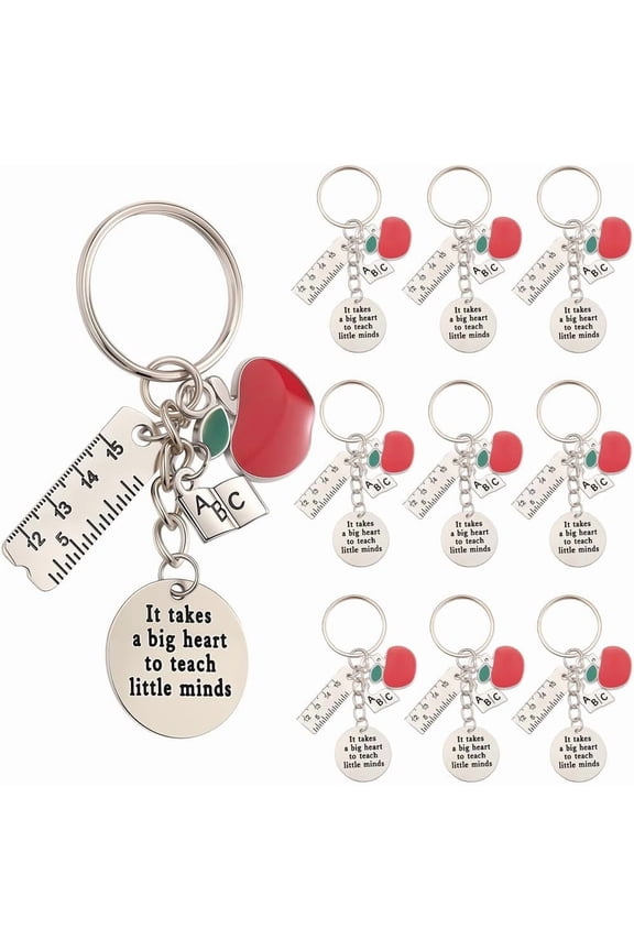1 Box 20Pcs Teacher Appreciation Keychain Bulk Teachers Key Chains Pack Word Inspiration Silver ABC Red Apples School Thanks Charms for Handbags Party Wedding Favors Purse Holders Graduation DIY