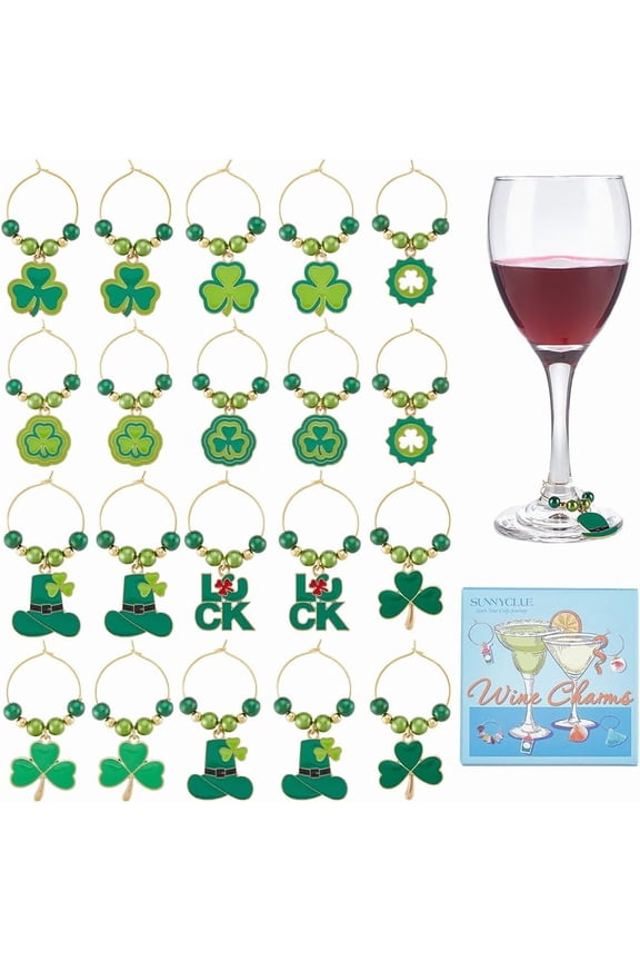 1 Box 20Pcs Wine Glass Charms Wine Glass Identifiers St Patricks Day Charm Irish Shamrock Charms Green Wine Markers Charms for Gathering Wedding Holiday Party Favor Drinks Decor Supplies DIYDIY