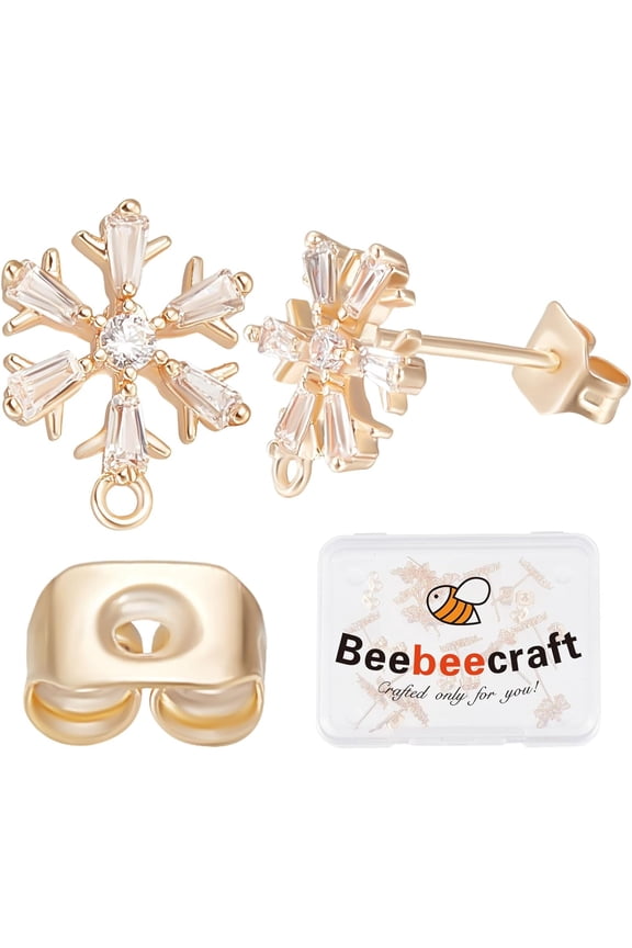 1 Box 20Pcs Zirconia Ear Stud Findings 18K Gold Plated Snowflake Earring Post with Loop and Brass Ear Nuts for Winter Christmas New Year Birthday DIY Earring Jewellery Making