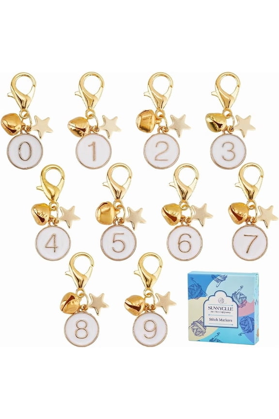 1 Box 20pcs 2 Colors Number Stitch Markers Crochet Markers Cute White Golden Round Enamel 0 to 9 Number Letter Knitting Charms with Golden Clasp