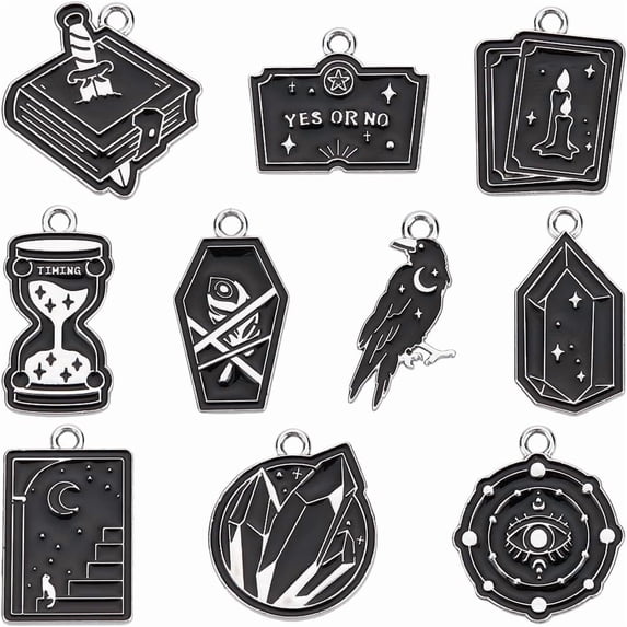1 Box 20pcs Tarot Charms Mixed Gothic Charms Halloween Black Enamel Alloy Celestial Mix Shaped Raven Coffin Polygon Magic Ouijas Charms For Jewelry Making Bracelet Party Accessories Supplies
