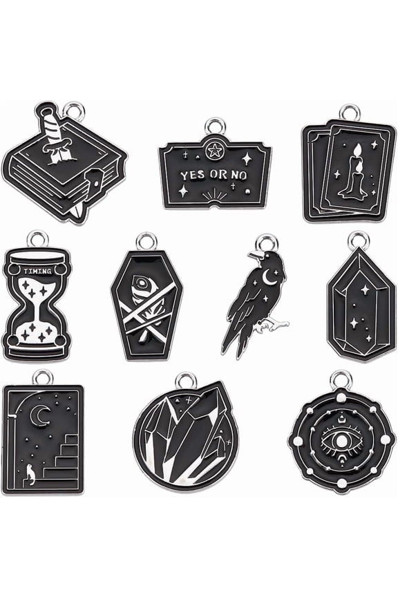 1 Box 20pcs Tarot Charms Mixed Gothic Charms Halloween Black Enamel Alloy Celestial Mix Shaped Raven Coffin Polygon Magic Ouijas Charms For Jewelry Making Bracelet Party Accessories Supplies