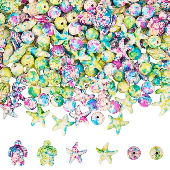 1 Box 214Pcs 3 Styles Turquoise Sea Turtle Beads Starfish Beads Bulk Ocean Colorful Round Summer Beach Loose Spacers