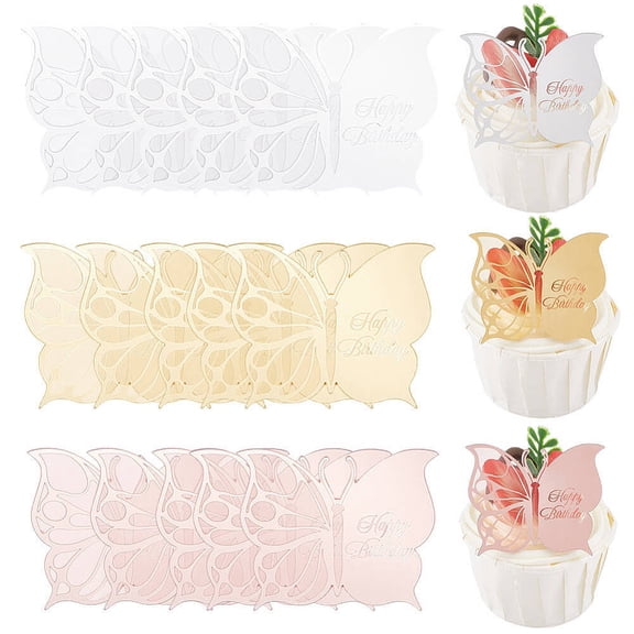 1 Box 21Pcs 3 Colors Colorful Butterfly Cake Topper Mini Butterfly Decorations Golden Silver Roes Gold Acrylic Double Side Word Birthday Happy