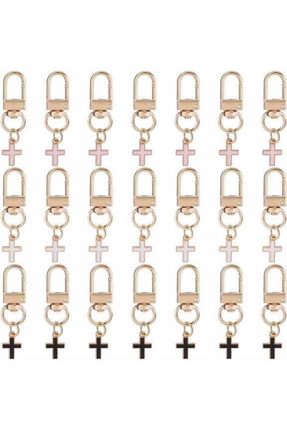 1 Box 21Pcs 3 Colors Metal Cross Keychain Crucifix Key Chain Bulk Metal Gold Alloy Enamel Black White Pink Charm Keyring Keychains with Swivel Clasps for Keys Purse Backpacks Accessories